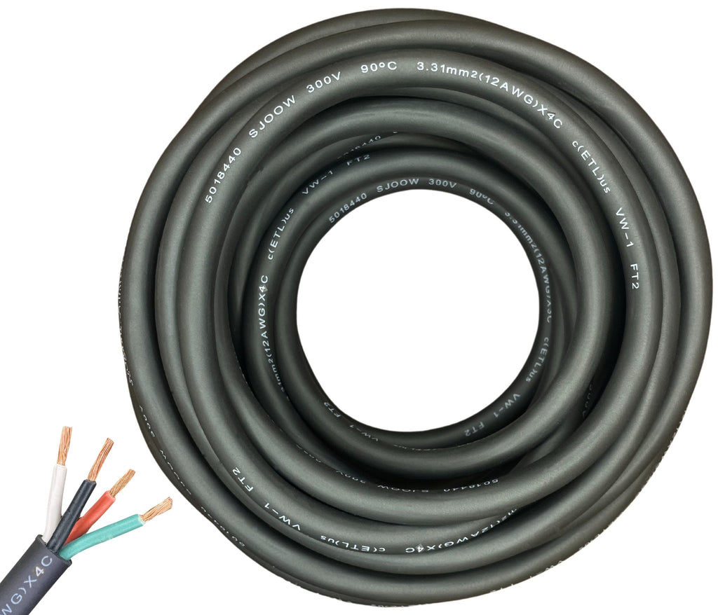 12/4 SJOOW Cable Cord Wire - 12 Gauge 12 AWG 4 Conductor 300V Portable Power Extension Cord Cable with Ultra Flexible Insulation Jacket