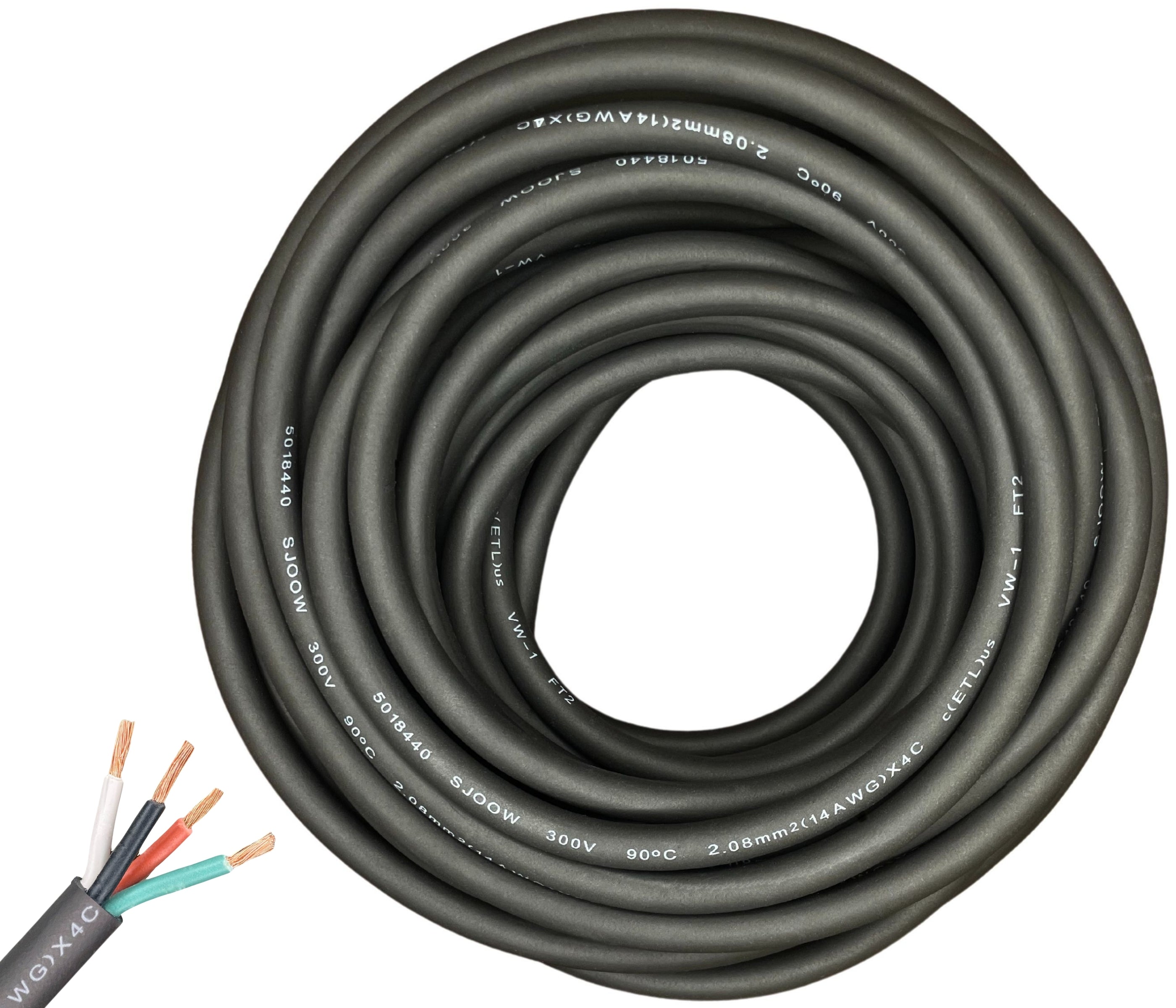 14/4 SJOOW Cable Cord Wire - 14 Gauge 14 AWG 4 Conductor 300V Portable Power Extension Cord Cable with Ultra Flexible Insulation Jacket