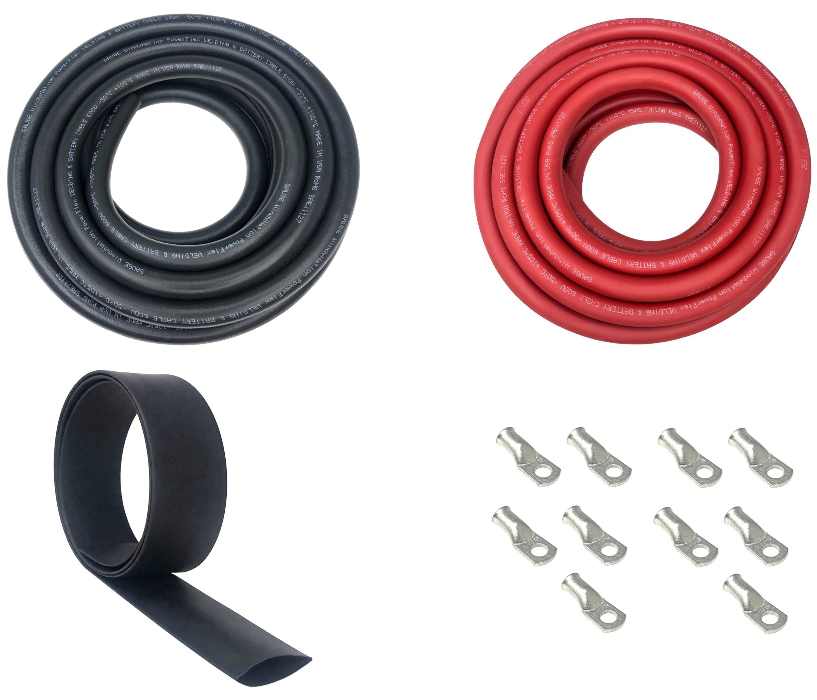 1/0 Gauge Welding Battery Cable Kit - Includes 10 pieces of 3/8" Tinned Copper Cable Lugs and 3 Feet Black Heat Shrink Tubing
