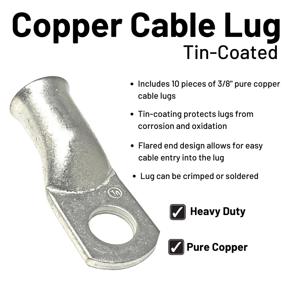 2 Gauge Welding Battery Cable Kit - Includes 10 pieces of 3/8" Tinned Copper Cable Lugs and 3 Feet Black Heat Shrink Tubing