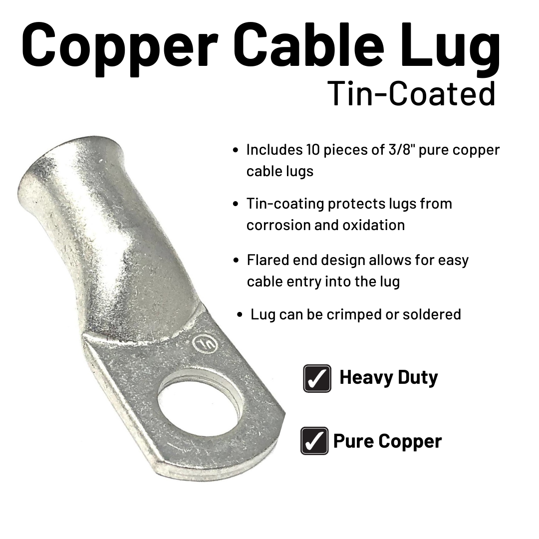 1/0 Gauge Welding Battery Cable Kit - Includes 10 pieces of 3/8" Tinned Copper Cable Lugs and 3 Feet Black Heat Shrink Tubing