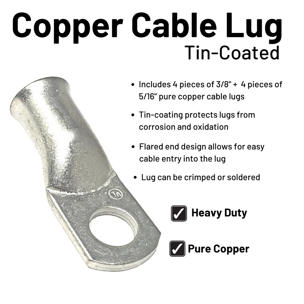 4 Gauge Welding Battery Cable Kit - Includes 5 pieces of 3/8 + 5 pieces of 5/16" Tinned Copper Cable Lugs and 3 Feet Black Heat Shrink Tubing