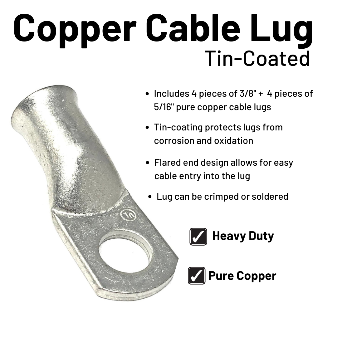 4 Gauge Welding Battery Cable Kit - Includes 5 pieces of 3/8 + 5 pieces of 5/16" Tinned Copper Cable Lugs and 3 Feet Black Heat Shrink Tubing